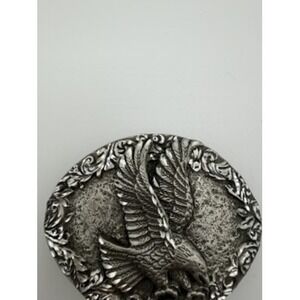 Vintage Silver-Tone Eagle Belt Buckle Western Floral Scroll Oval Americana Metal